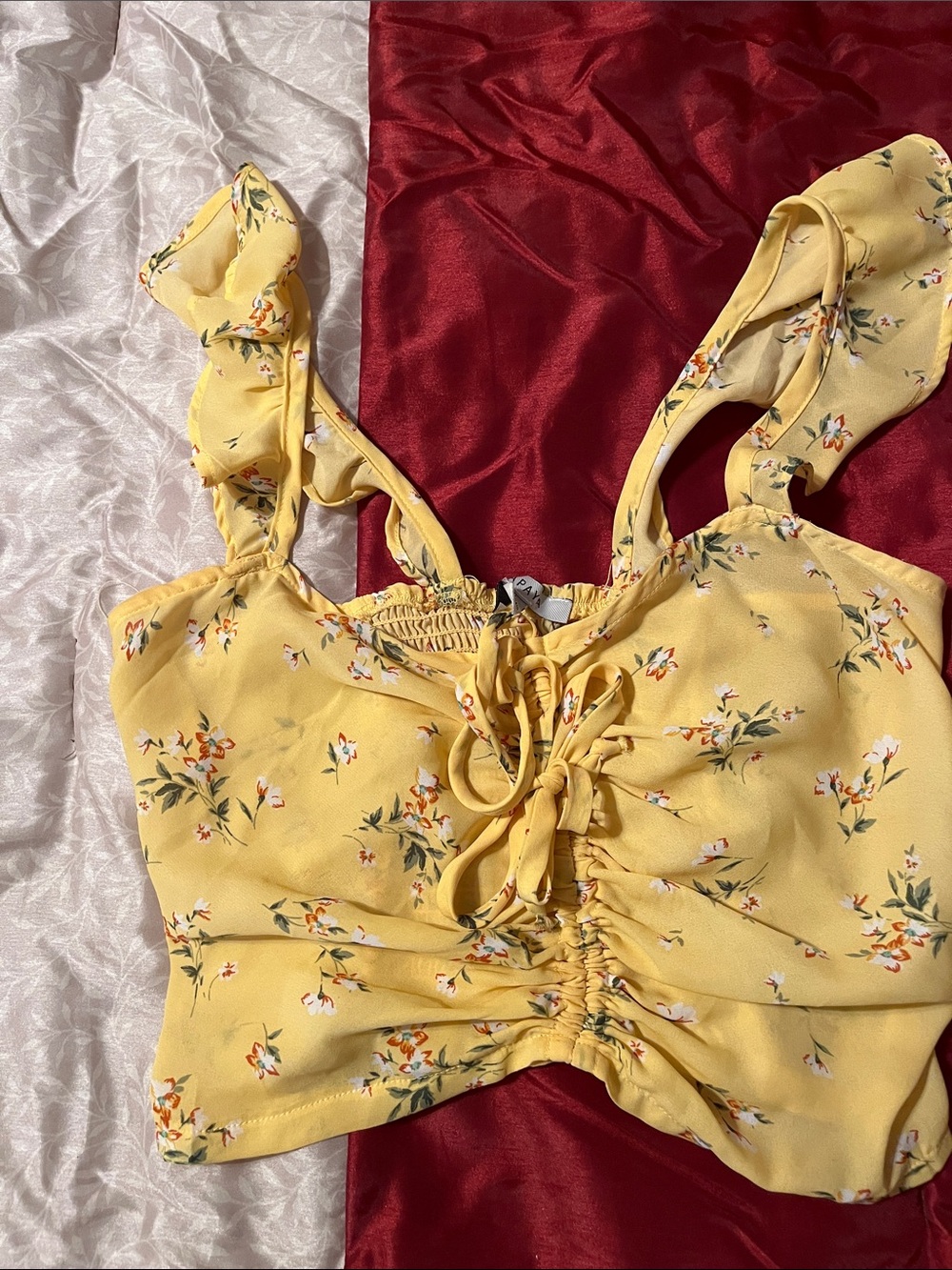 Papaya Yellow Floral Ruched Tie-Front Crop Top